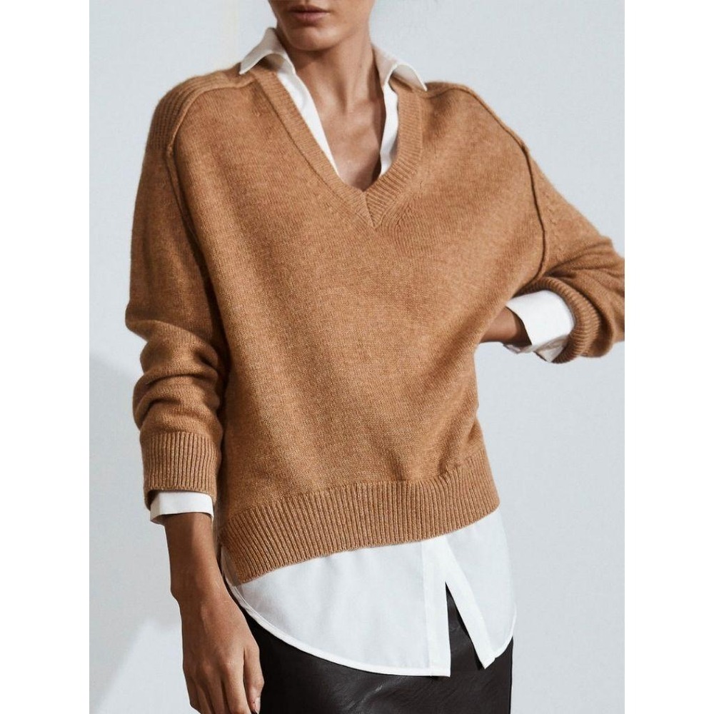 Brochu Walker The Looker Wool Cashmere Sweater Size S Tan Layered V-Neck JER2197